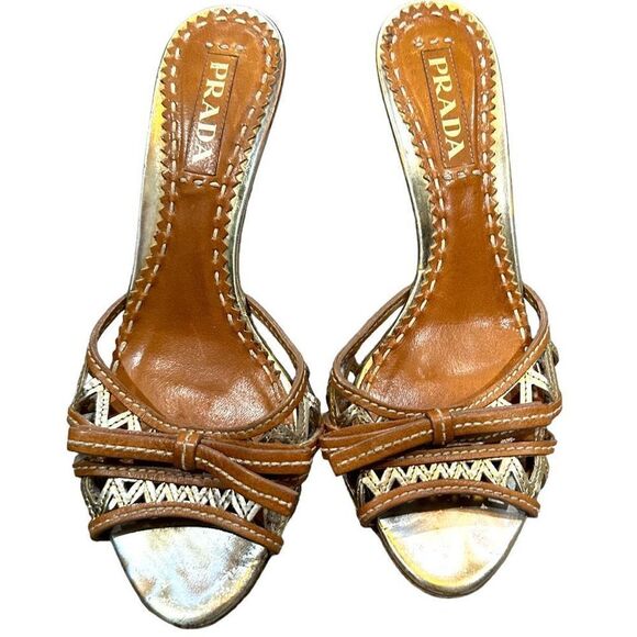 Prada Women's Sandal Pointed High Heel Open Toe Slip On Brown Size 37.5 - Picture 1 of 7